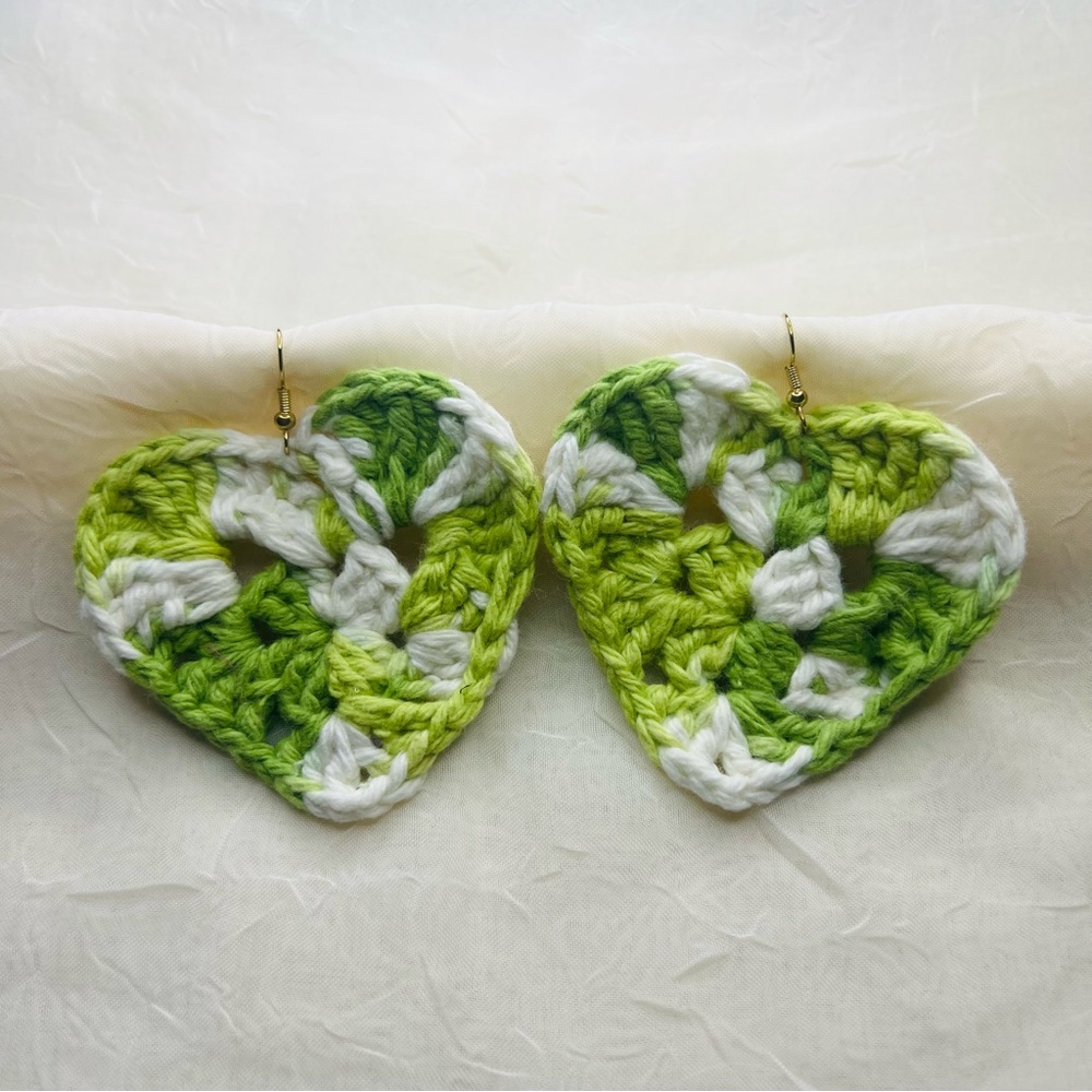 Peppermint Heart Earrings, Green & White, Crochet Jewelry, Gold-plated Wires